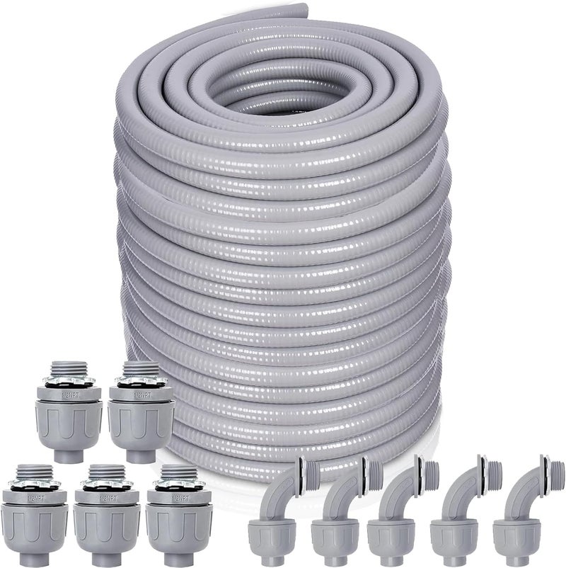 Feotech Liquid-Tight Conduit and Connector Kit - 1/2 Inch 150 FT Non Metallic Liquid Tight Electrical Conduit with 5 Straight and 5 Angle Fittings - Image 1